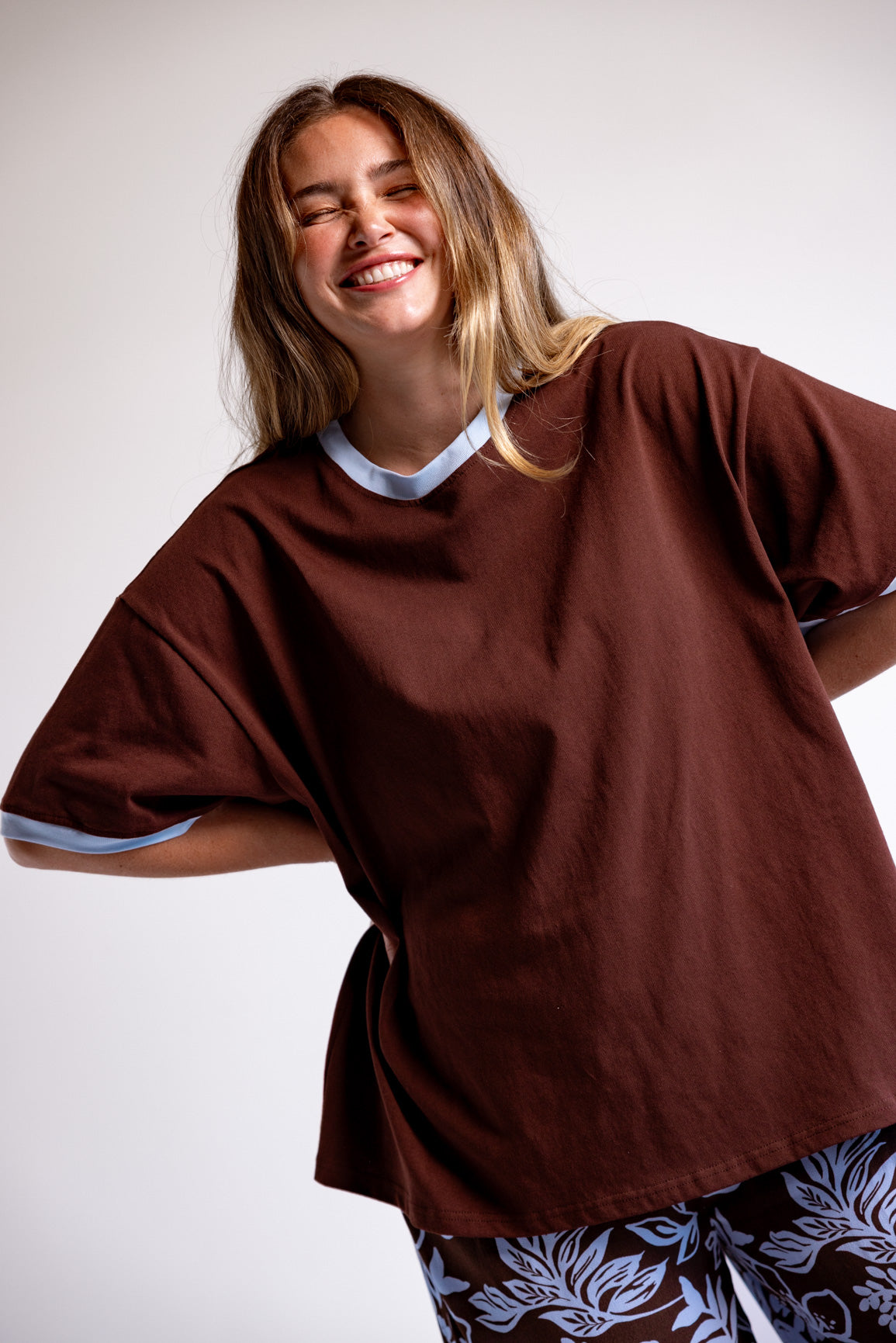 Nikita Heavyweight Cotton Tee in Chocolate Brown & Blue Contrast