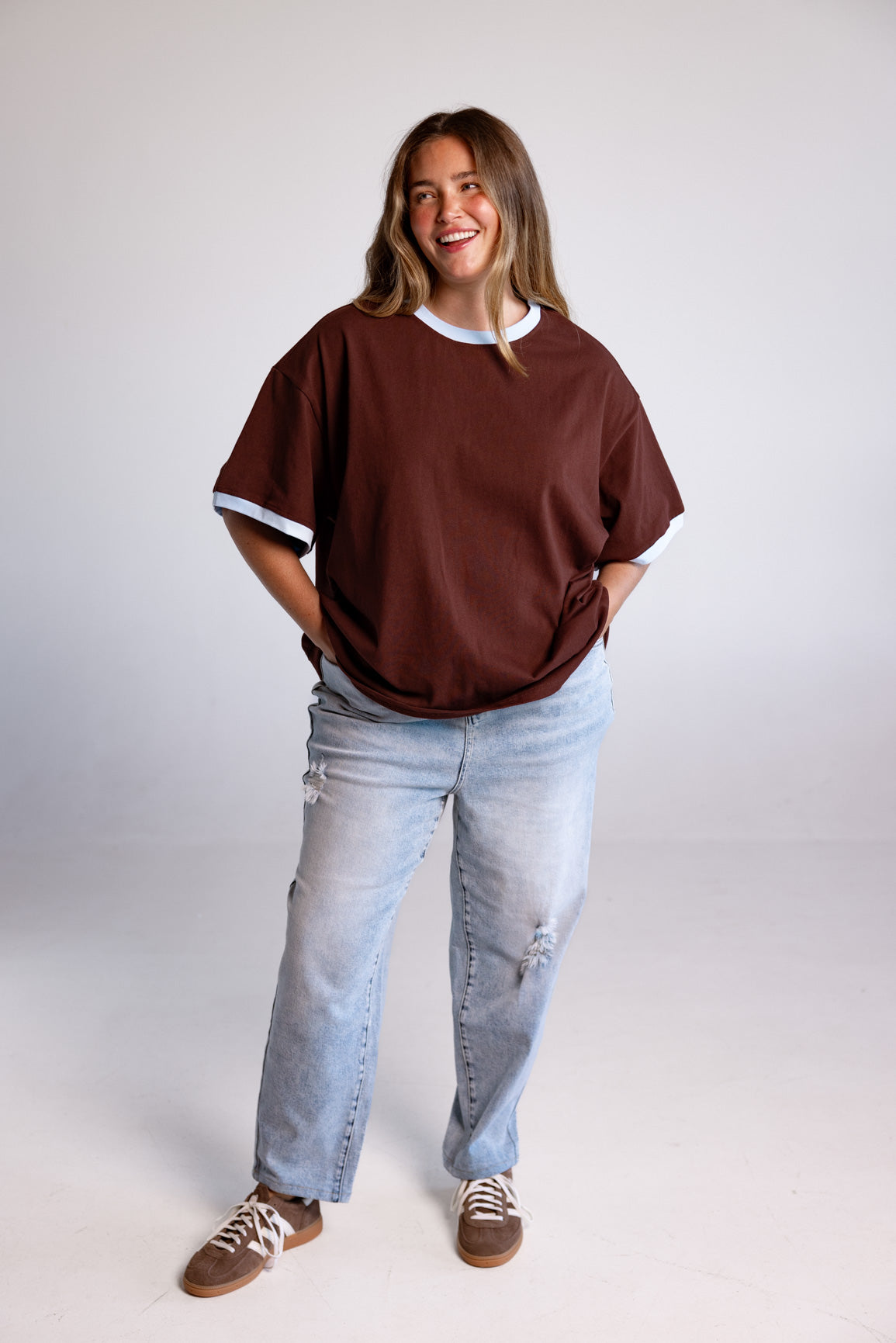 Nikita Heavyweight Cotton Tee in Chocolate Brown & Blue Contrast