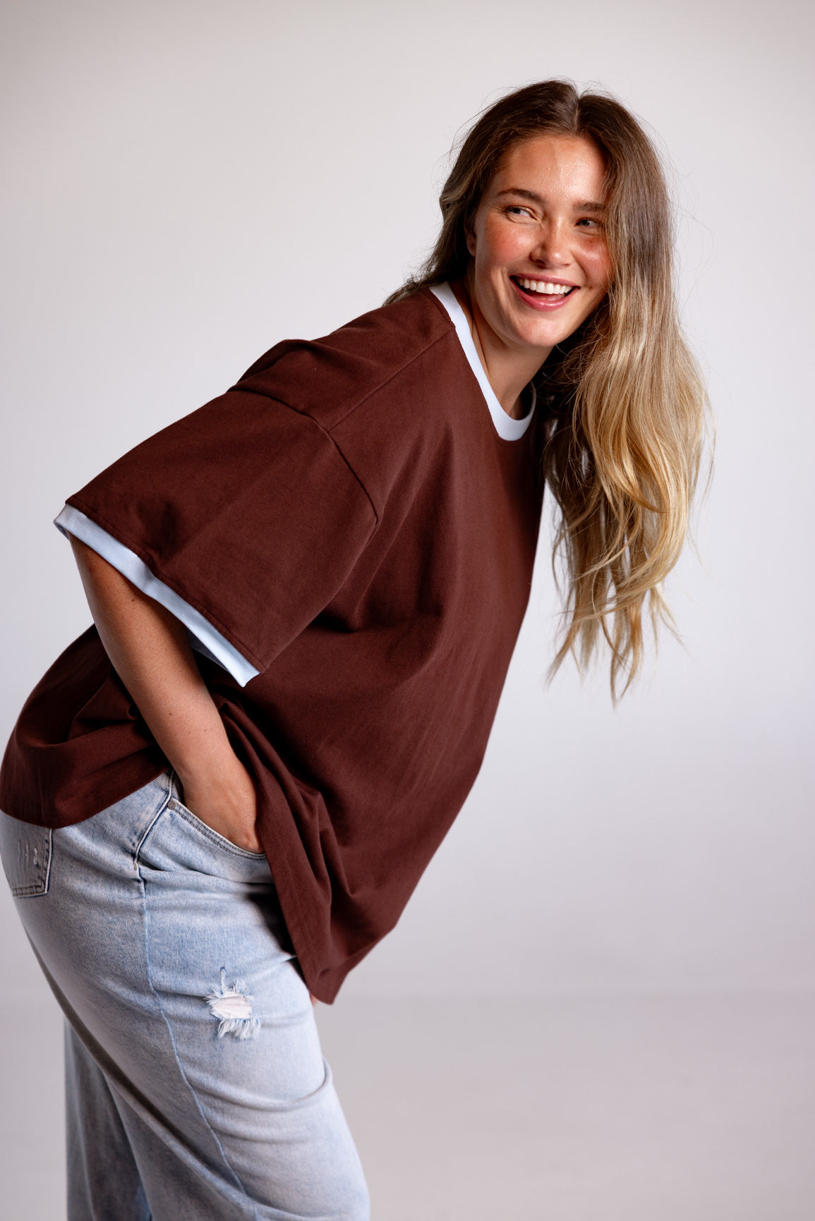 Nikita Heavyweight Cotton Tee in Chocolate Brown & Blue Contrast