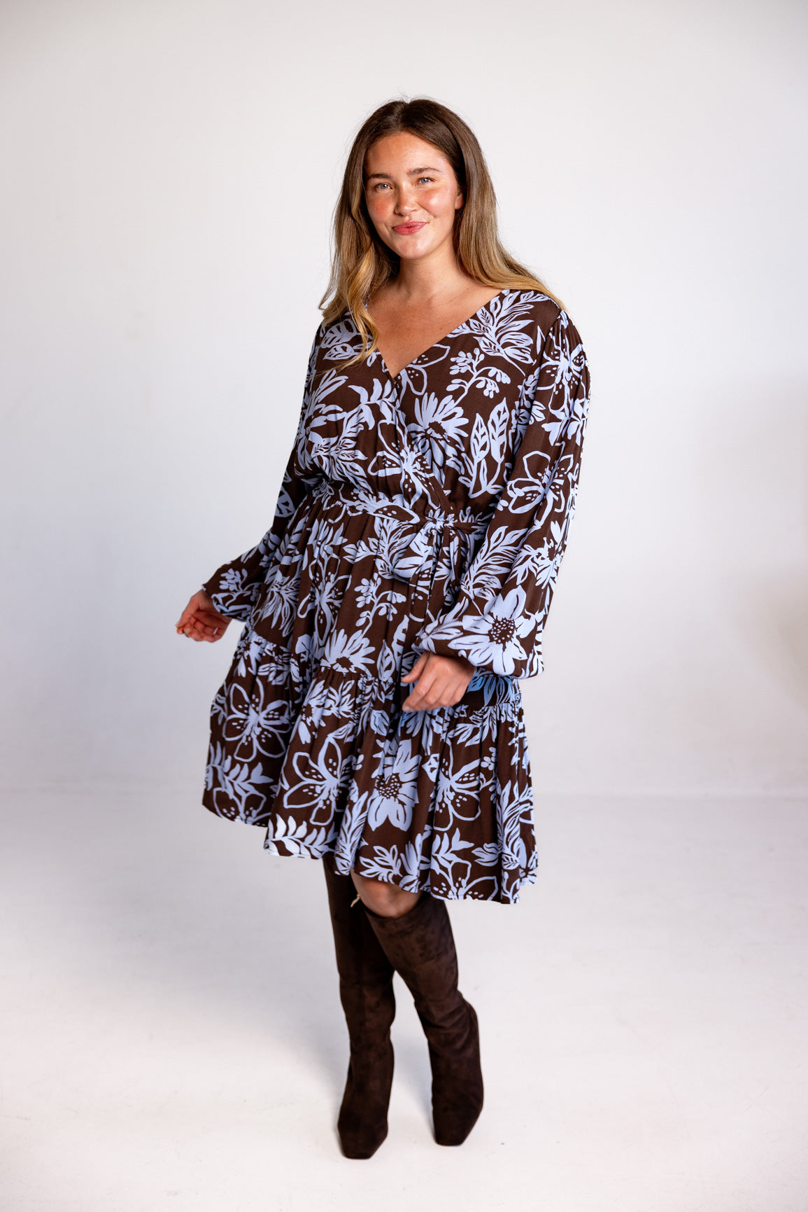 Deni Long Sleeve Dress in Blue Lani Chocolate