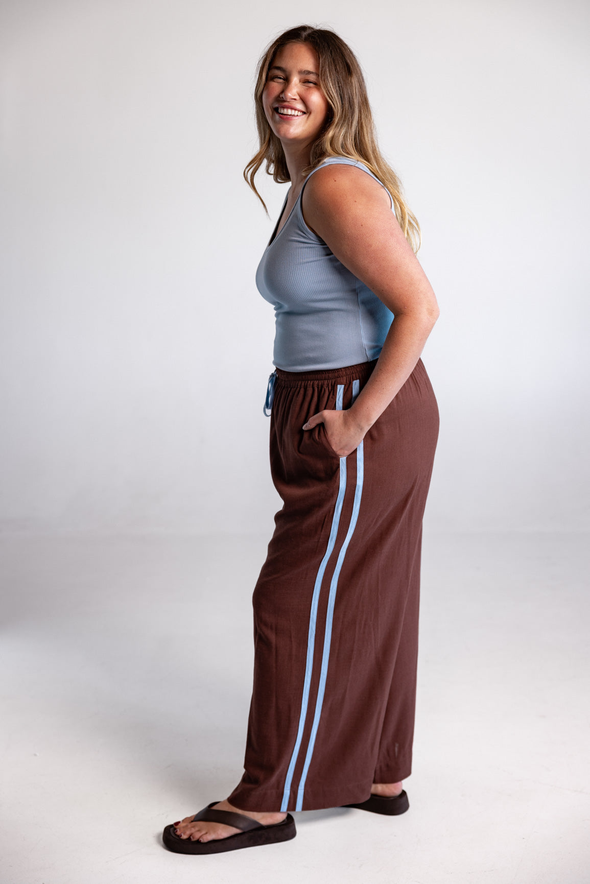 Side Stripe Linen Blend Pants in Dark Chocolate & Baby Blue