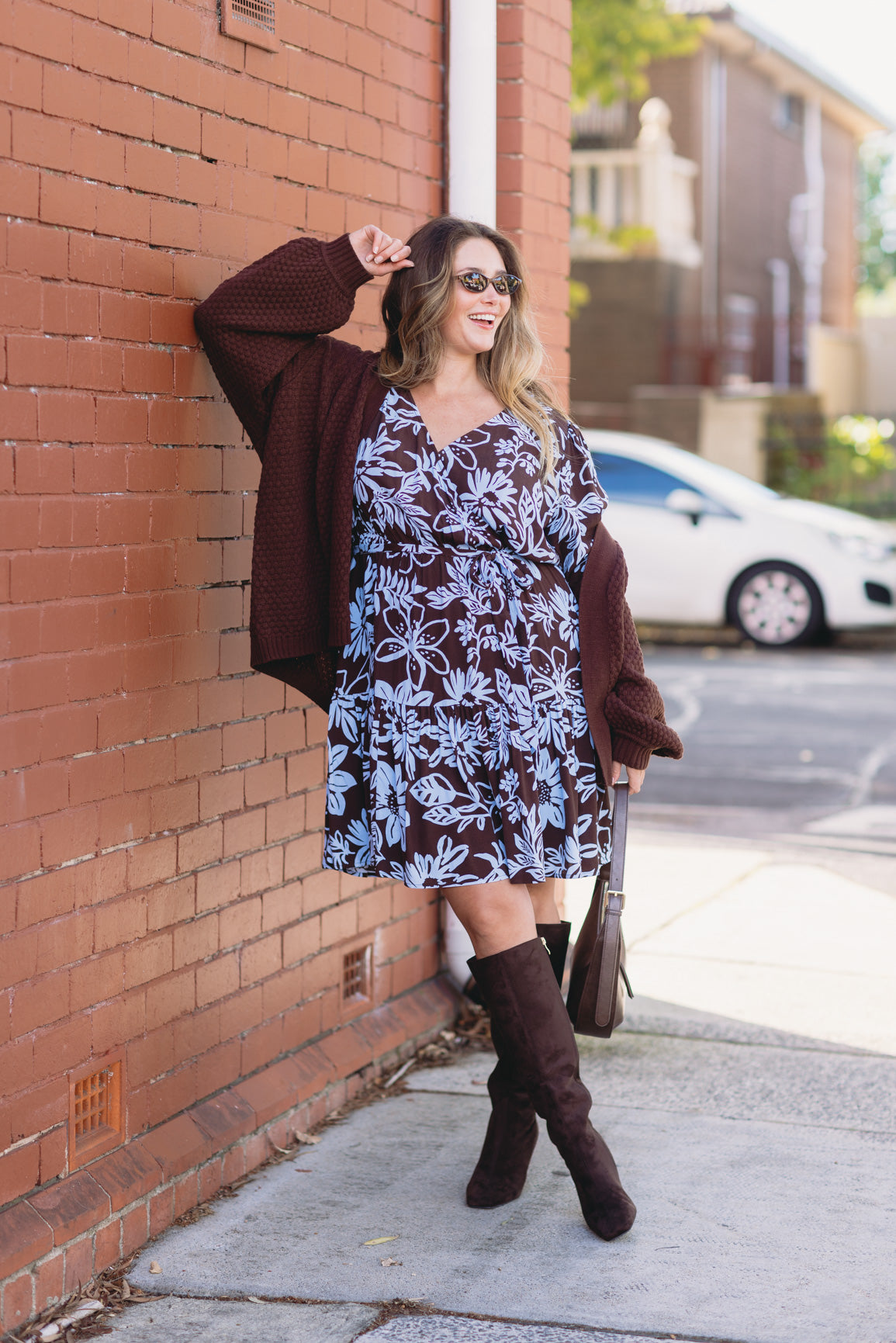 Deni Long Sleeve Dress in Blue Lani Chocolate