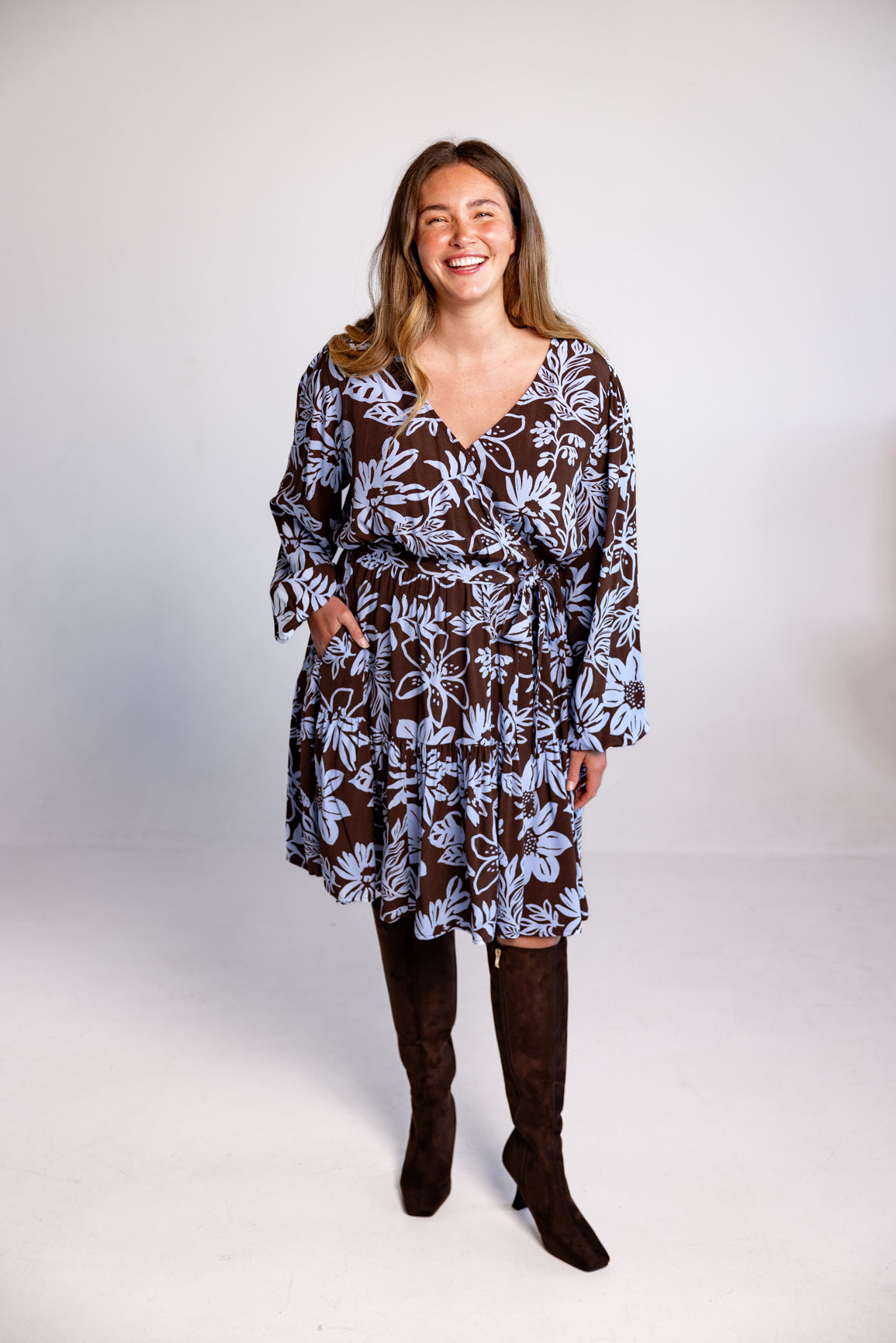 Deni Long Sleeve Dress in Blue Lani Chocolate
