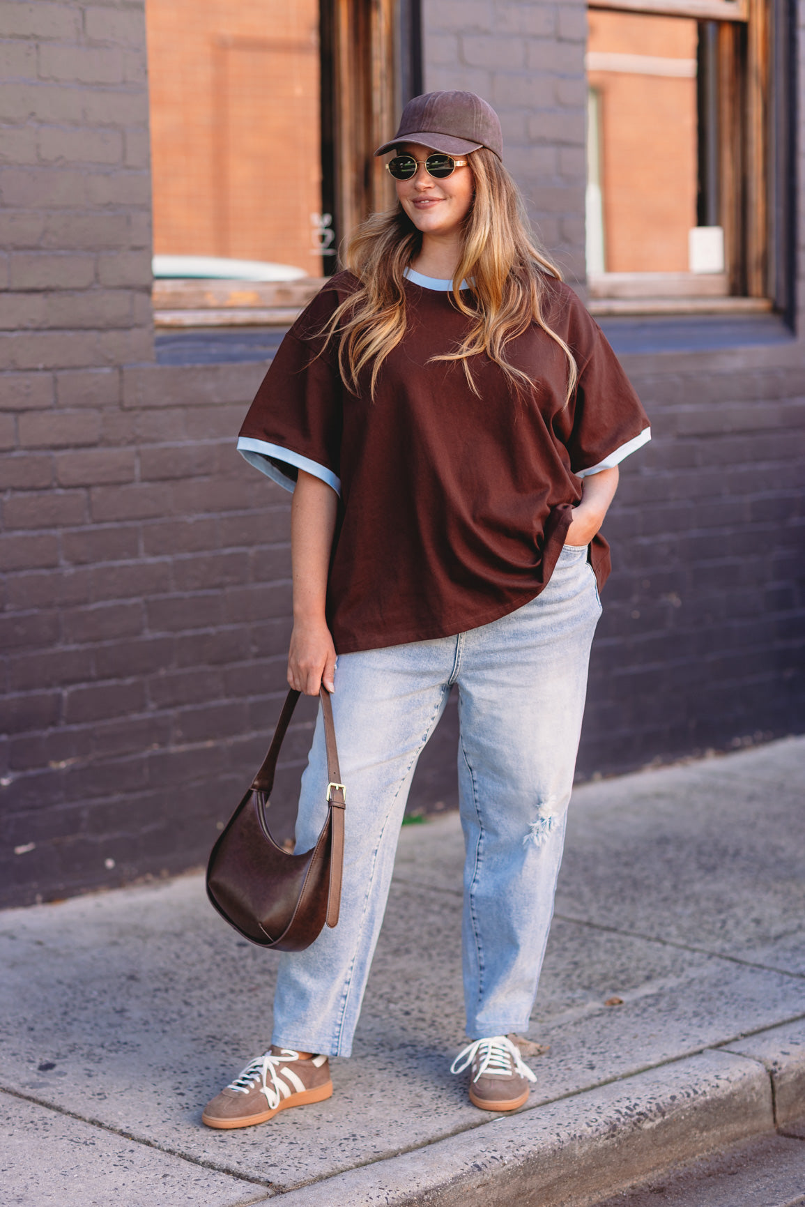 Nikita Heavyweight Cotton Tee in Chocolate Brown & Blue Contrast