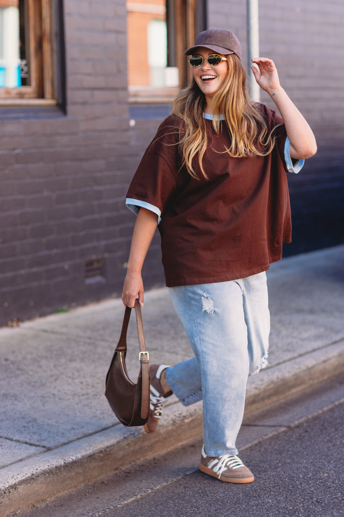Nikita Heavyweight Cotton Tee in Chocolate Brown & Blue Contrast