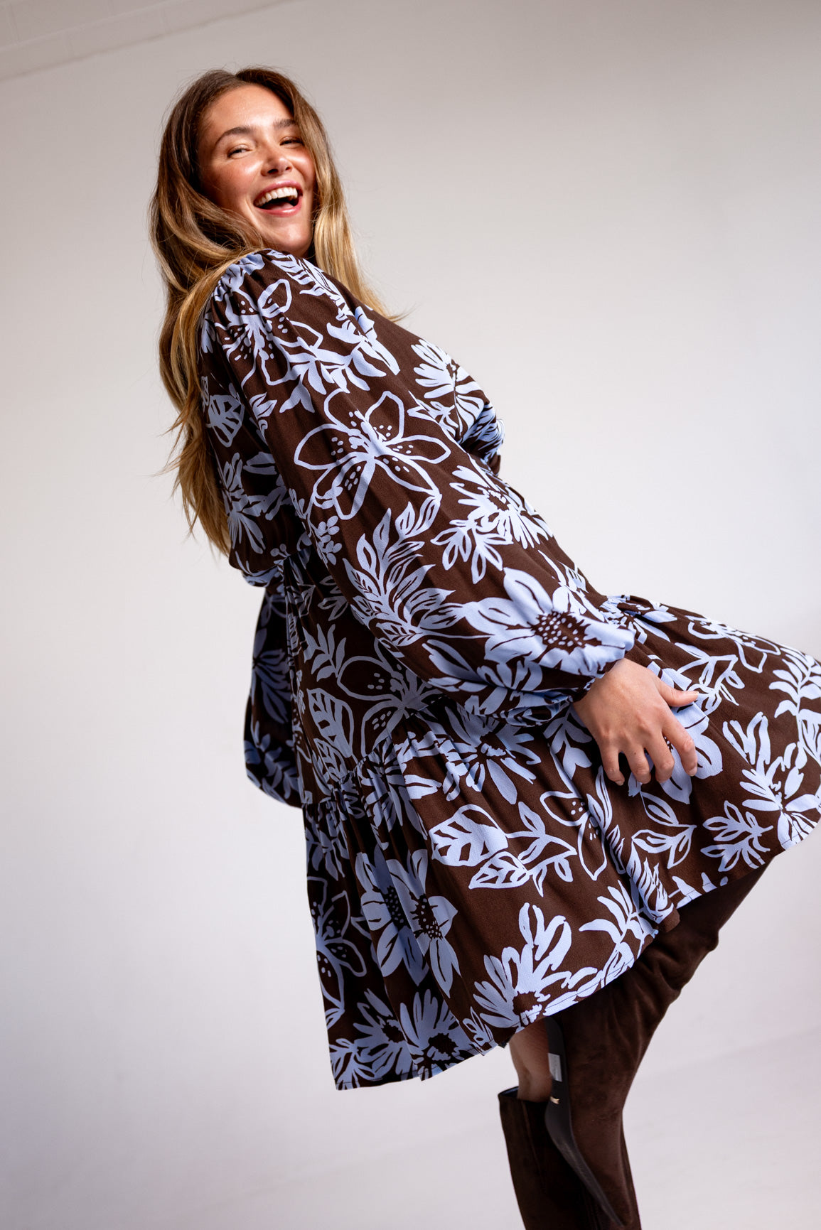 Deni Long Sleeve Dress in Blue Lani Chocolate