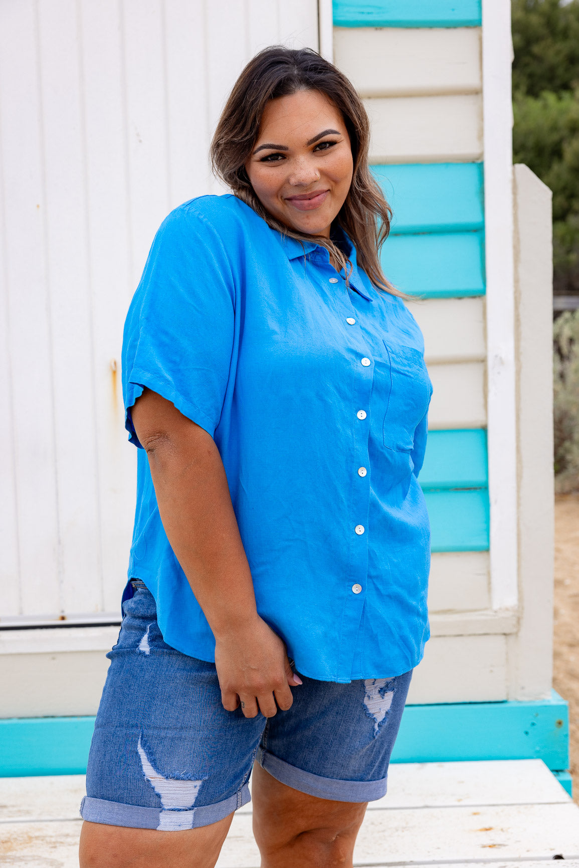 Samara Linen Blend Shirt in Ocean Blue