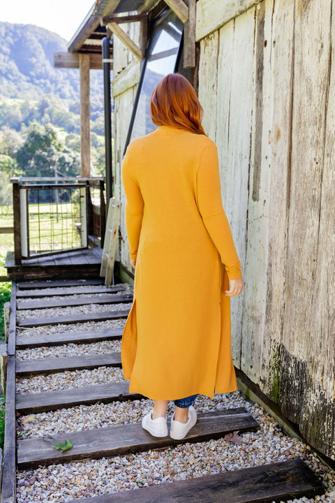 mustard dress with cardigan