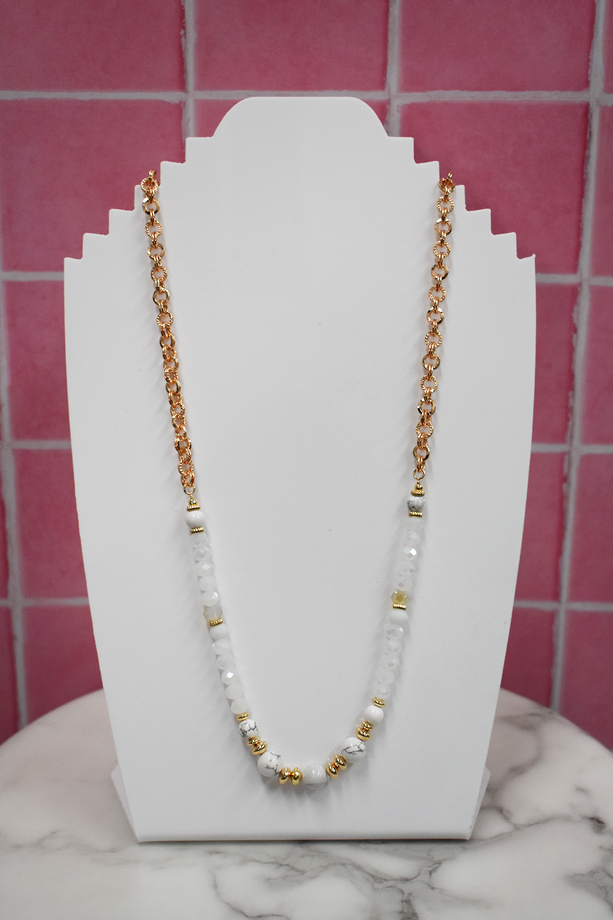 Long white beaded necklace deals