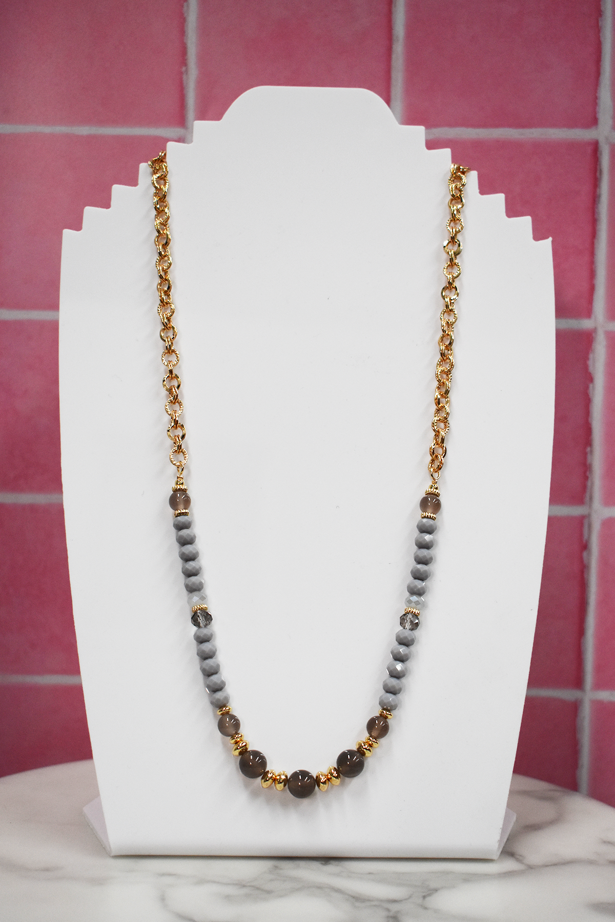 Long Bead and Chain Necklace in Grey