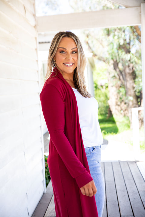 Maroon on sale cardigan outfit