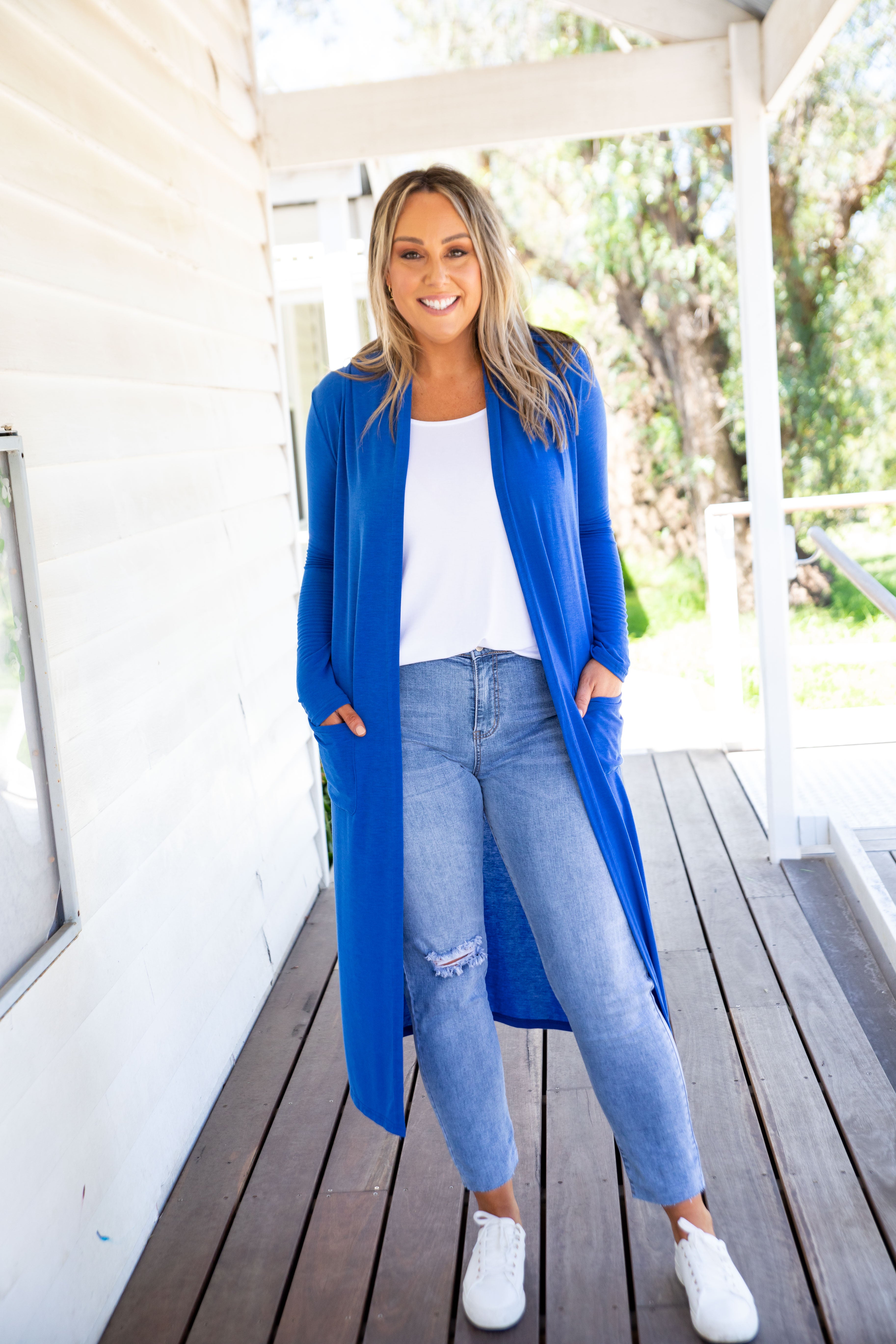 Royal blue store cardigan outfit