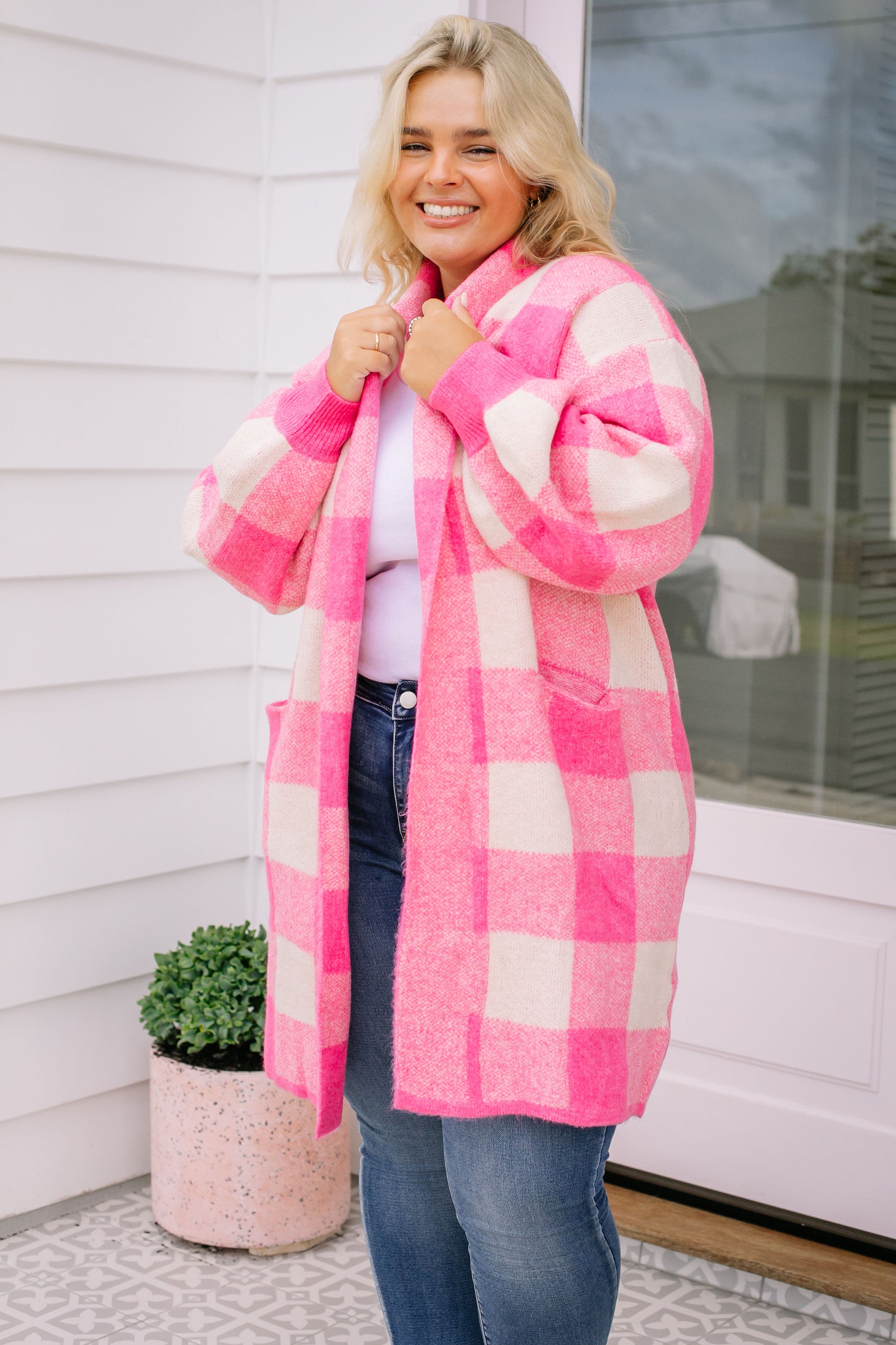 Stella Pink Checkered Cardi in Bubblegum