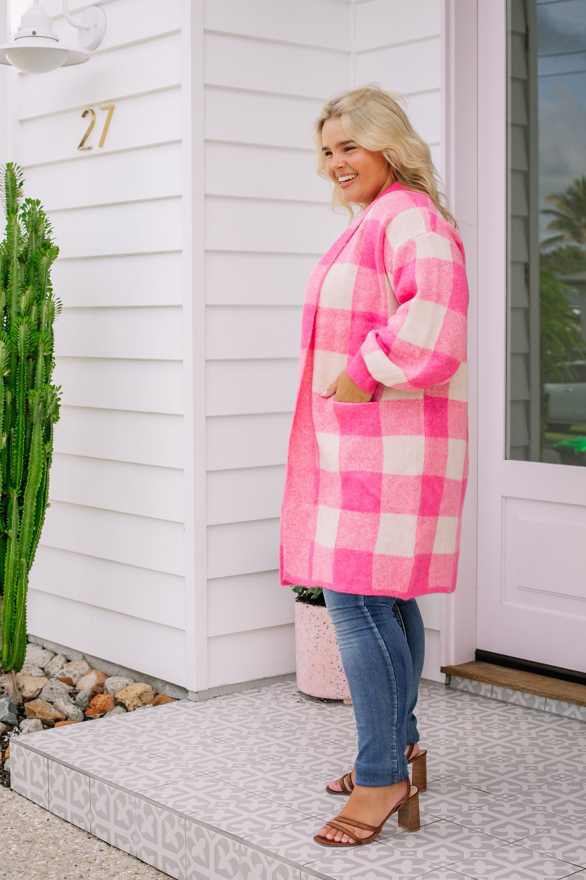 Stella Pink Checkered Cardi in Bubblegum