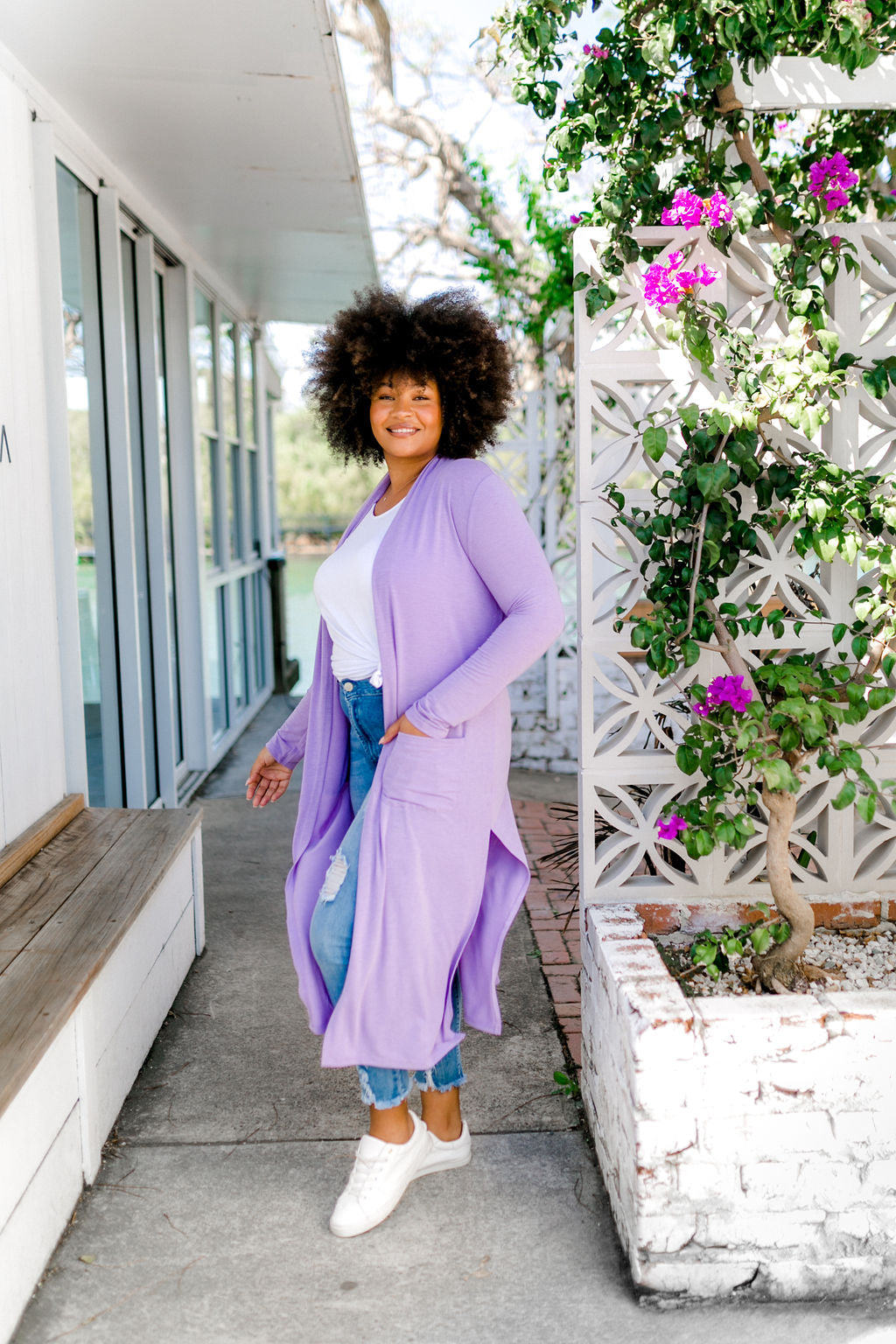 Purple store cardigan outfit