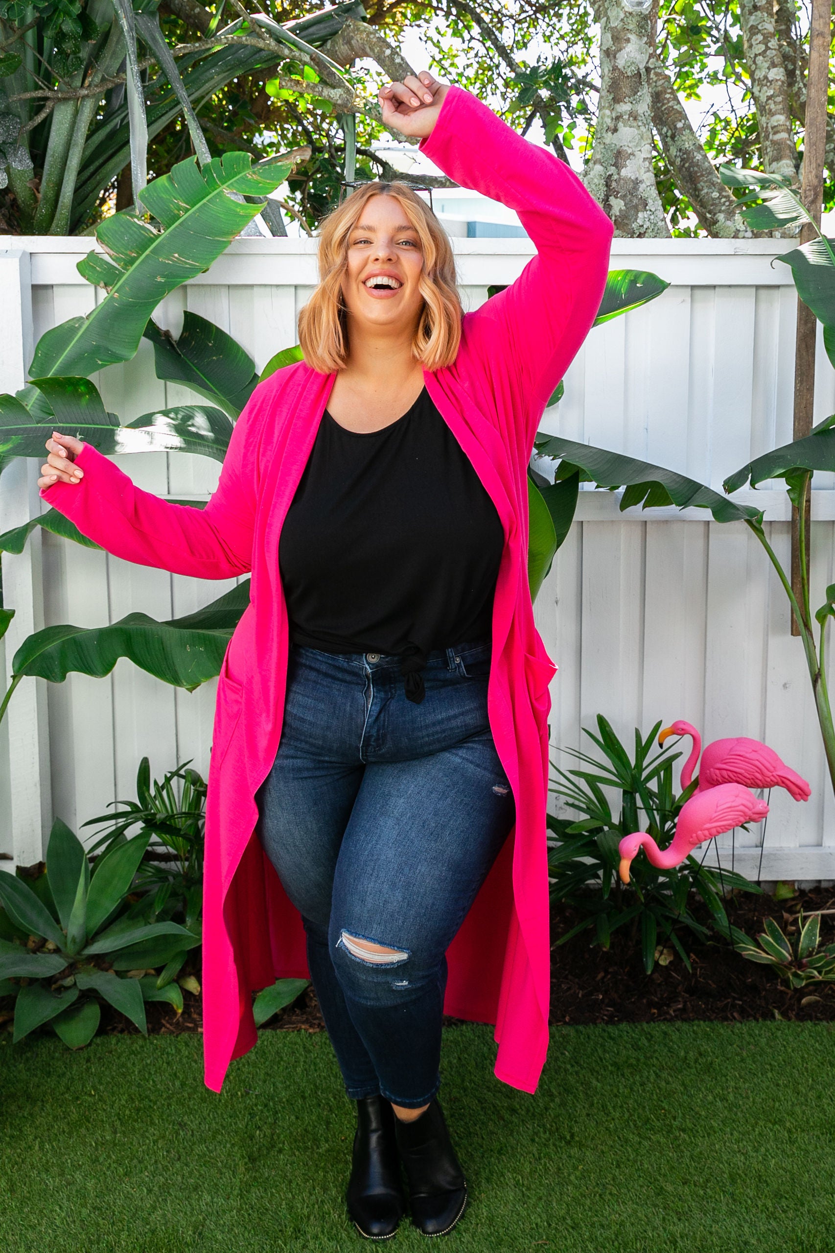 Hot pink cheap cardigan outfit